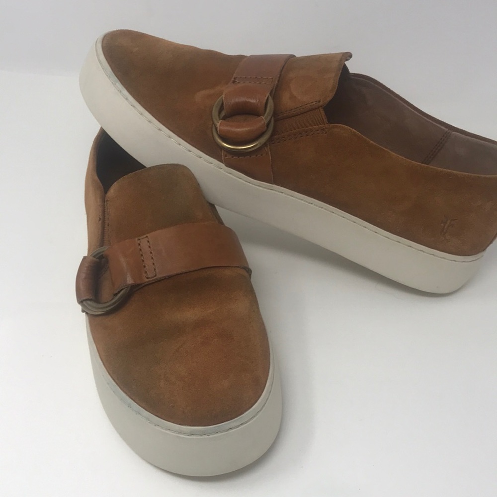 Frye Tan Suede Slip-On Sneakers with Buckle